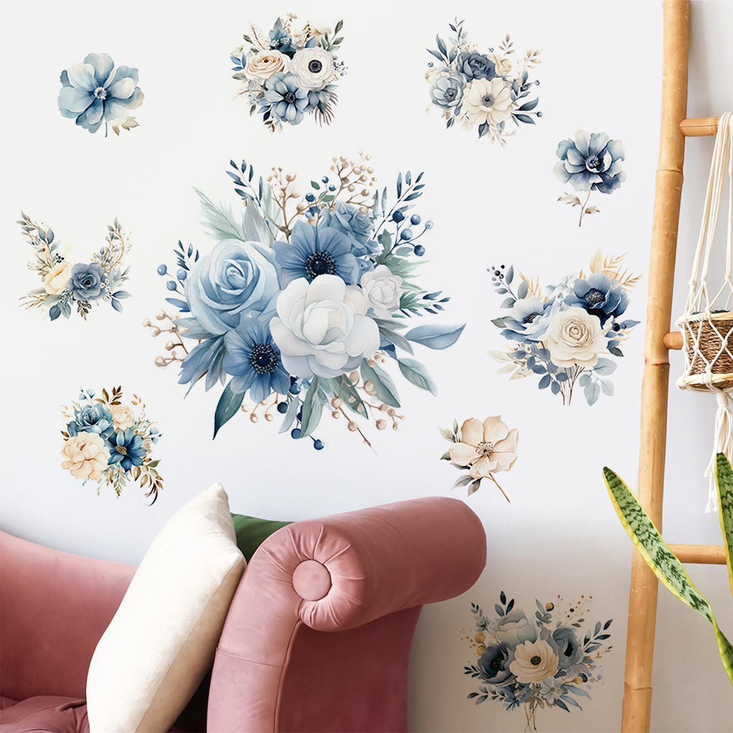 Blue Peony Flower Wall Decals Peel and Stick Rose Leaf Botanical Wall Stickers R