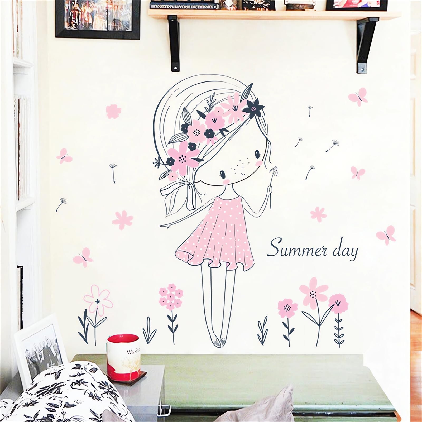 Pale Pink Dandelion Girl Wall Stickers, sacinora Summer Flower Fairy Art Wall…