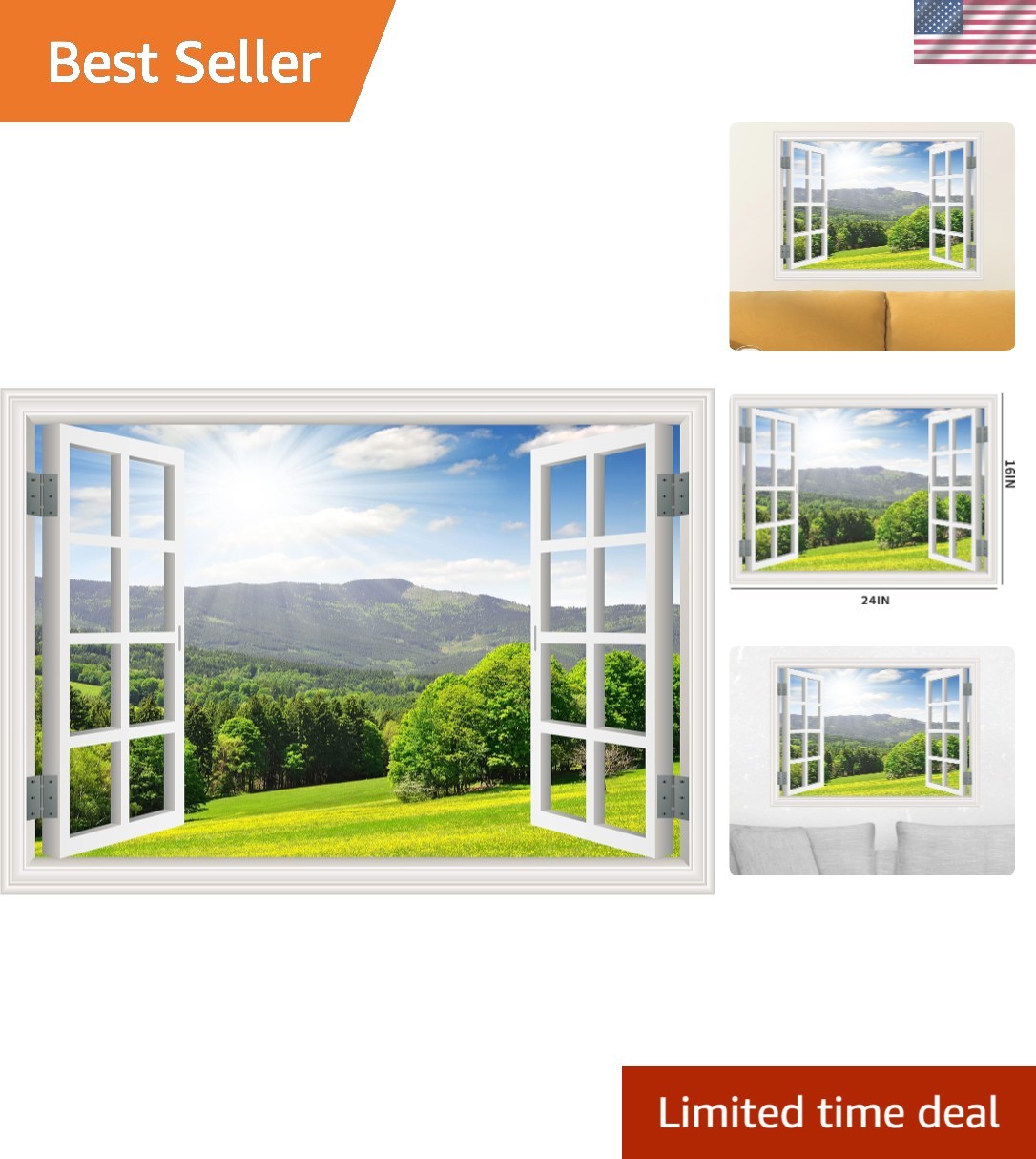 Faux Window Wall Mural – Landscape Stick and Peel Decor, 16×24 for Bright Spaces