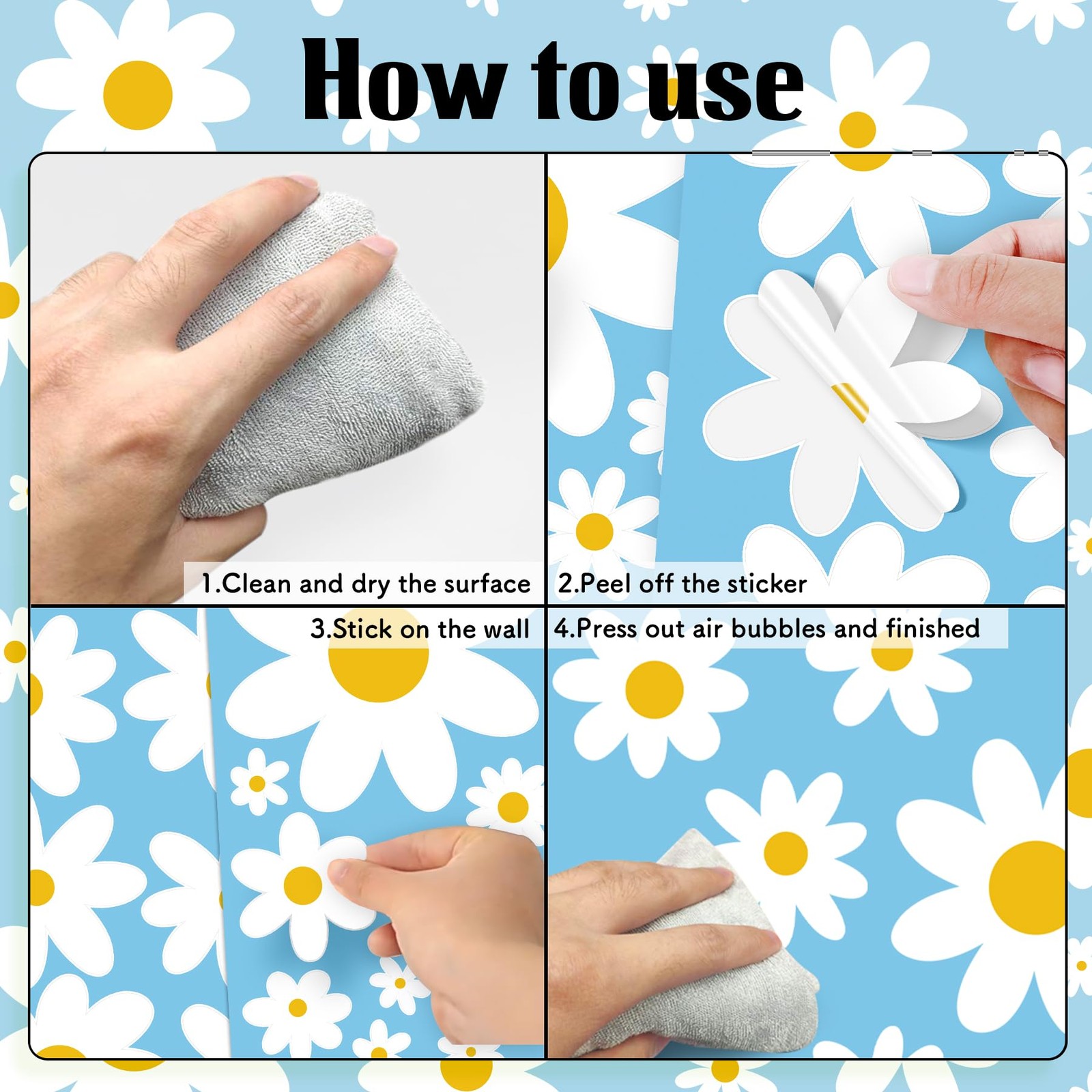 Daisy Wall Decal, 8 Sheets 96Pcs Daisy Flower Wall Stickers Peel and Stick Wh…