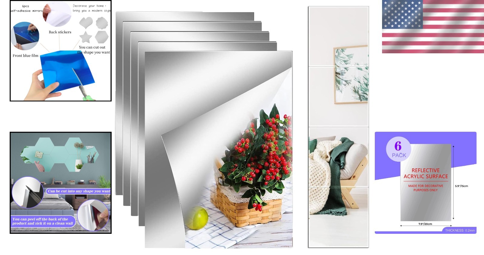 Flexible 8"x6" Acrylic Mirror Tiles – Self-Adhesive Décor for Versatile Use