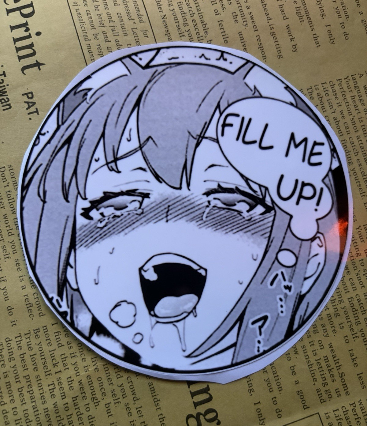 Anime & Manga Round Sticker Decal "FILL ME UP!" Black White Gray 5×5