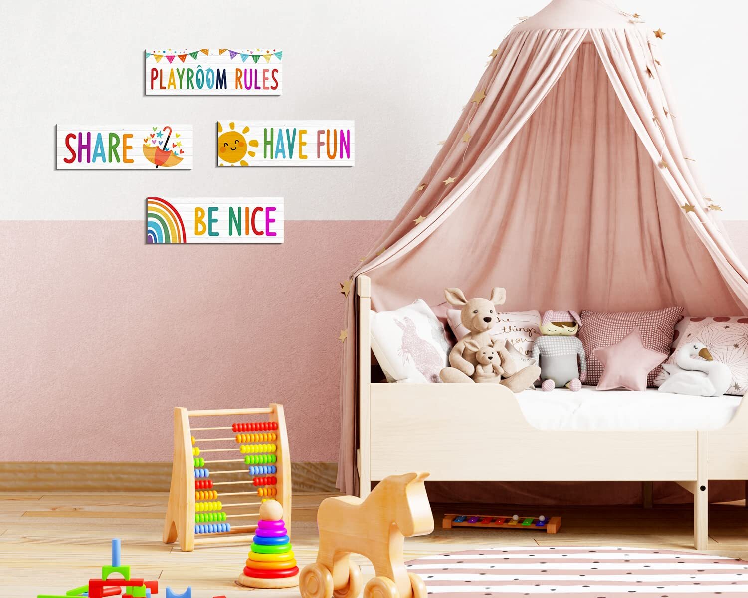 Playroom Sign Kids Wall Decor 4Pcs Rules Quotes Be Nice Share Have Fun Wooden