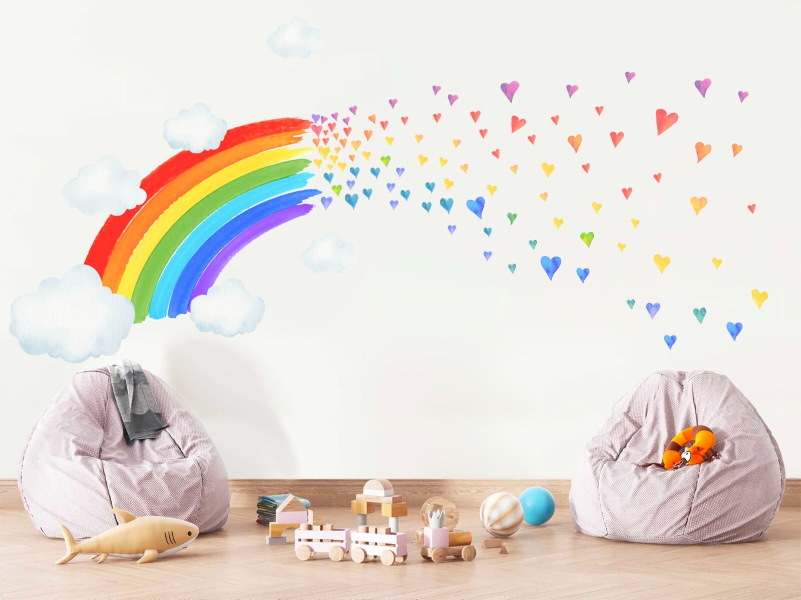 Watercolor Rainbow Colorful Hearts Removable Wall Fabric Decal Set Sticker
