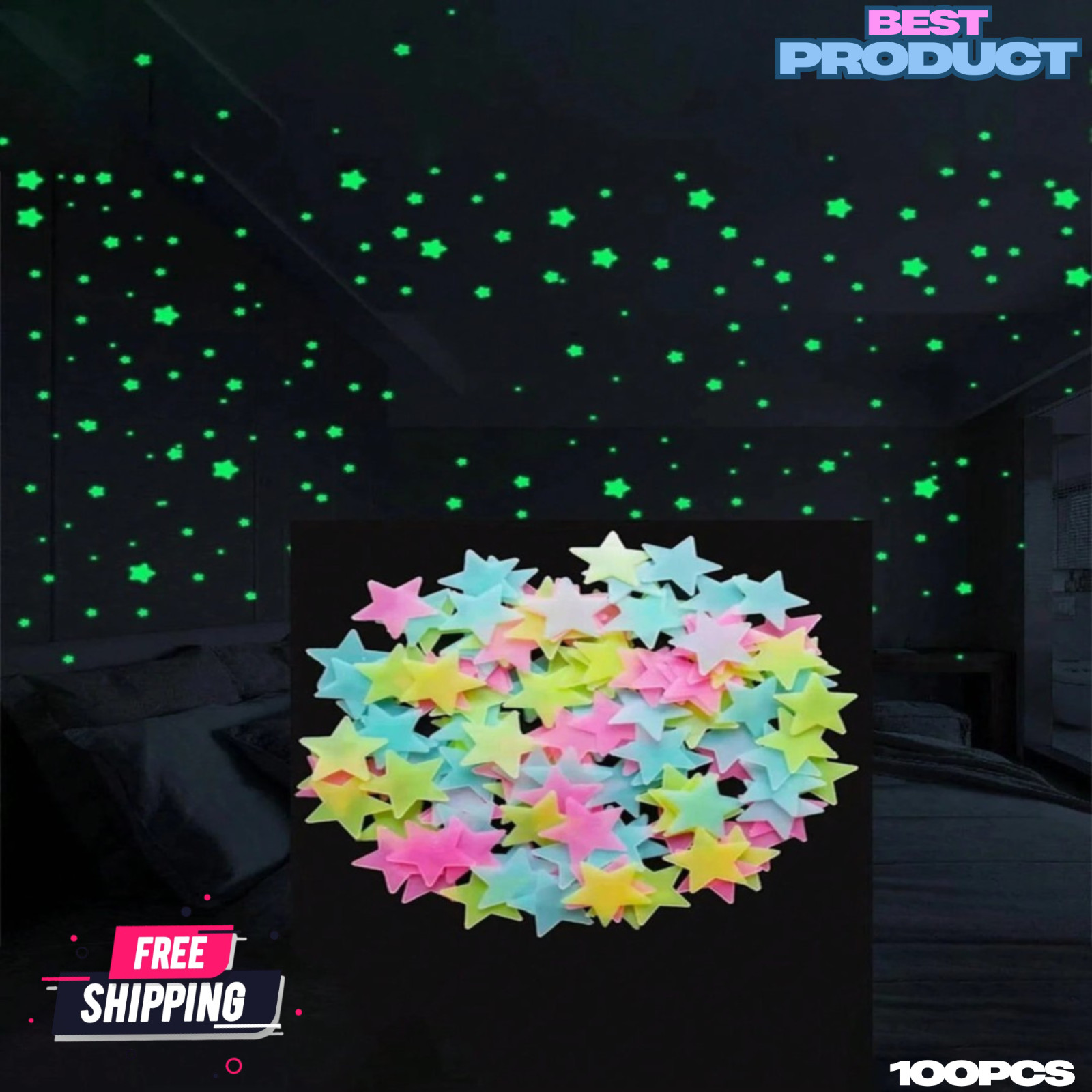 100pcs Glow In The Dark Stars Luminous Wall & Ceiling Star Stickers Home Decor