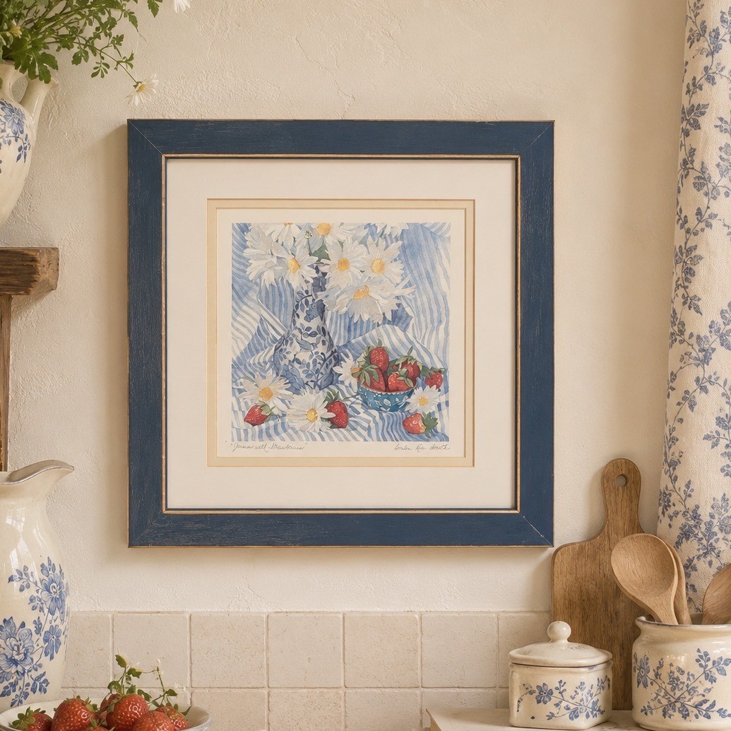 Amelia Rose Smith Daisies with Strawberries Framed Floral Print 14" Cottagecore