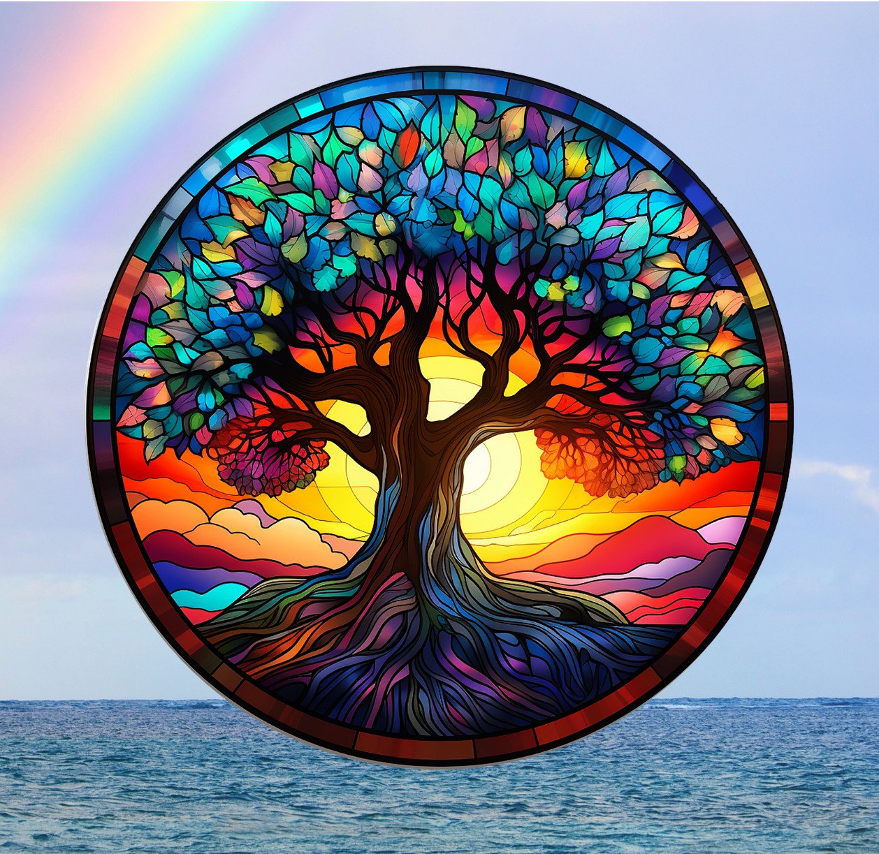 Tree of Life Round Faux Stained-Glass WINDOW CLING Size 8" Round Vinyl