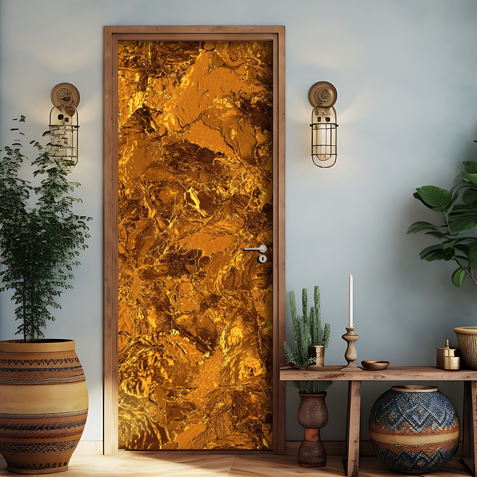 Golden Door Mural, Gold Pattern, Laminated Sticker Wrap, Peel'n'Stick. 1 Piece