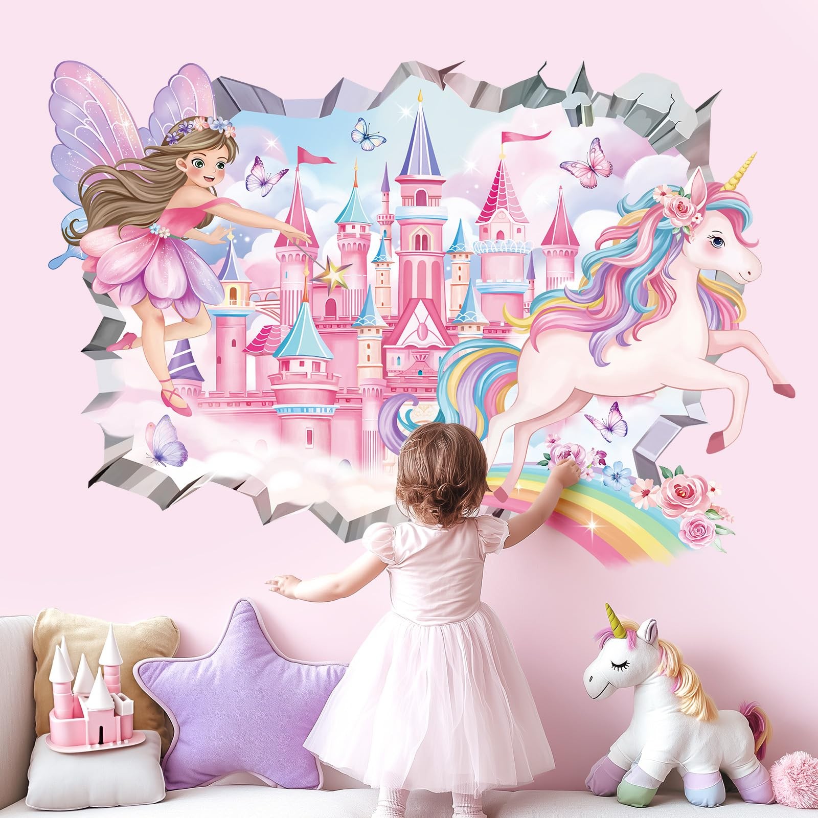 3D Fairy Princess Wall Decals Castle Unicorn Crack Hole Rainbow Wall Stickers…