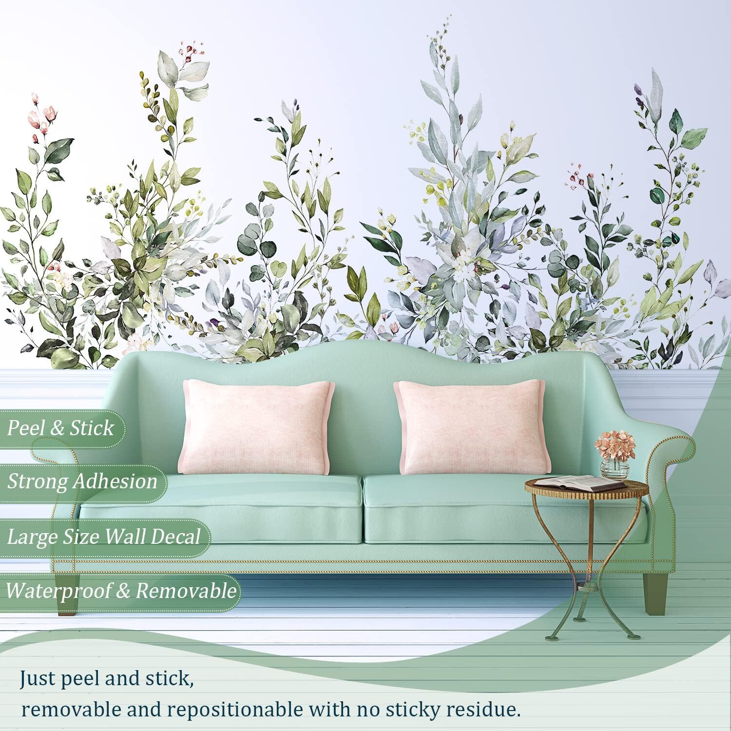 Green Plants Leaves Wall Decals Peel and Stick, Large Floral Flowers