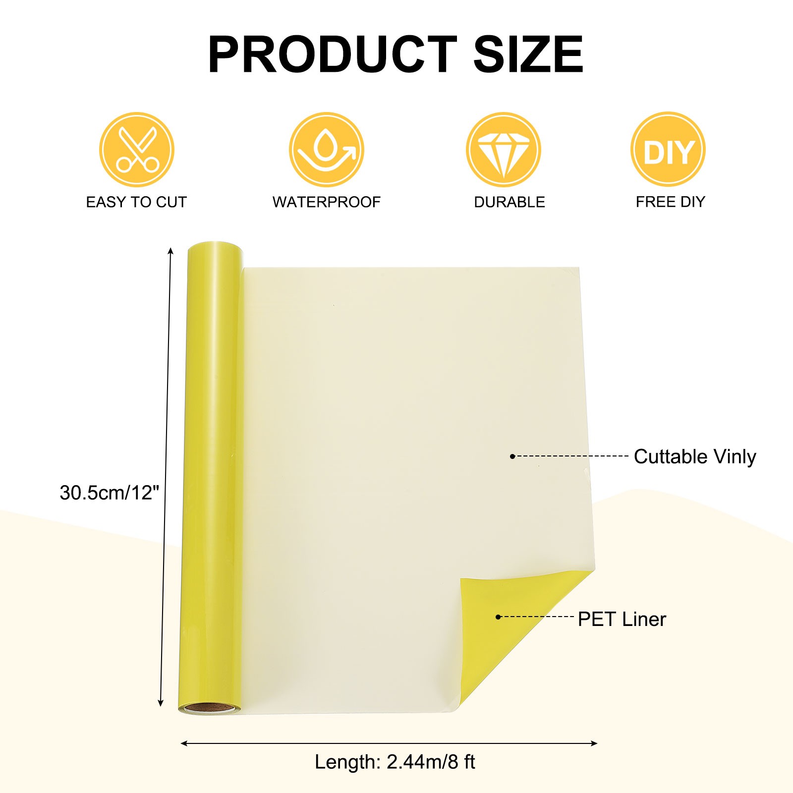 Light Yellow Permanent Vinyl, 12 Inch x 8ft Adhesive Vinyl Roll