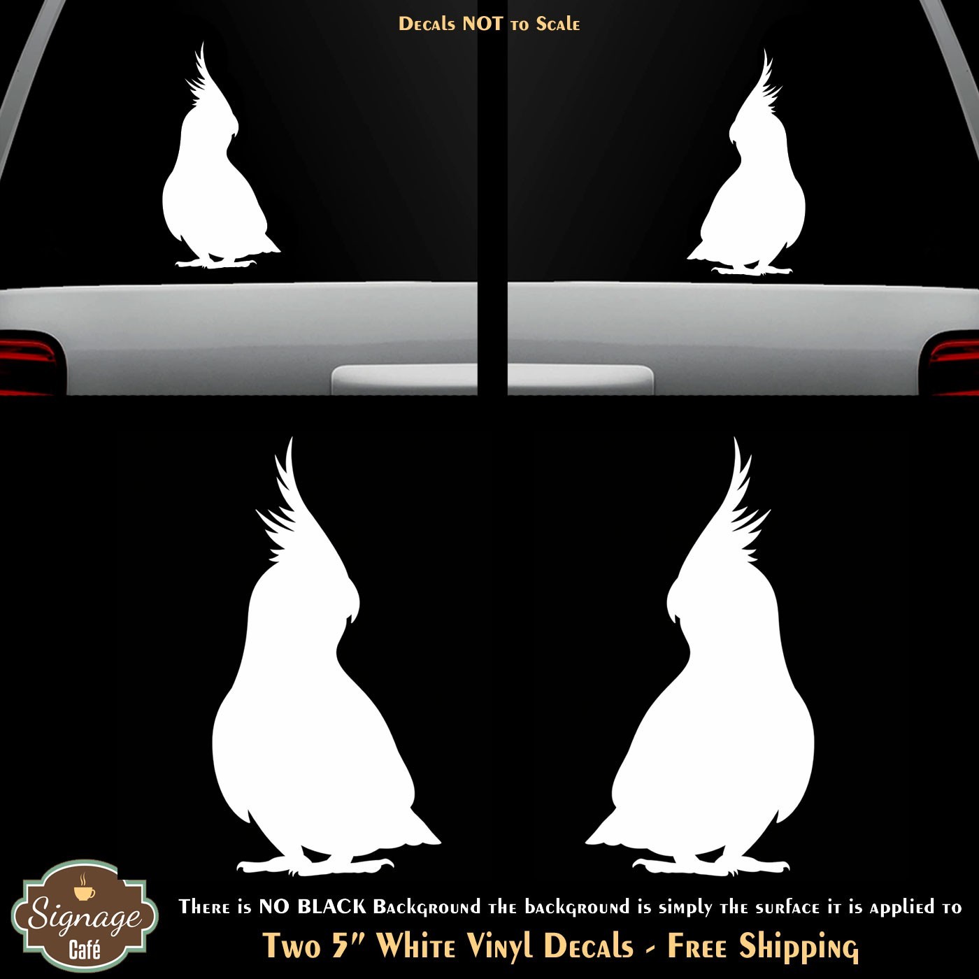 Cockatiel Birds Mirrored Two 5" White Vinyl Decals Car Door Any Flat Surface