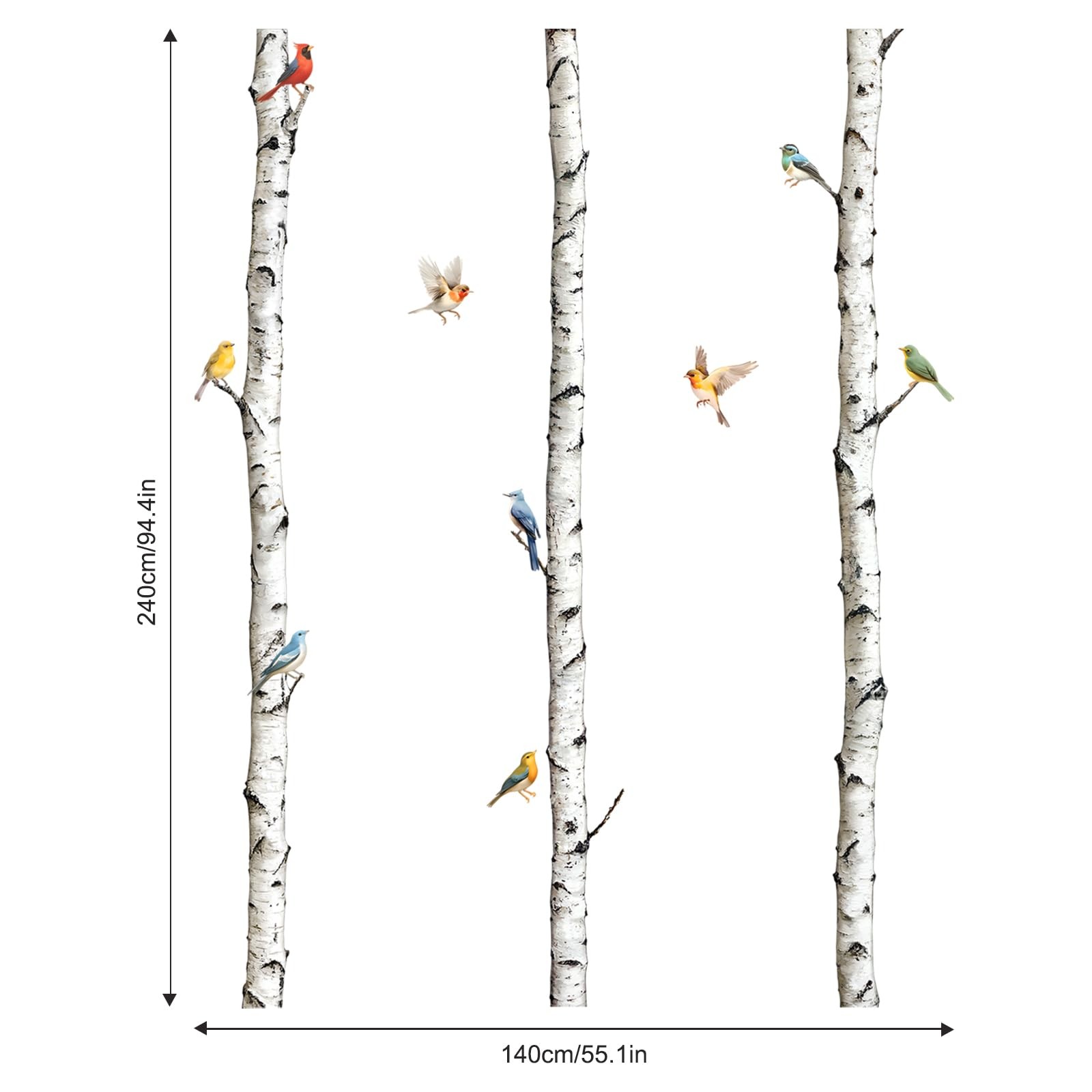 Birch Tree Wall Decal 95in White Aspen Birds Vinyl Peel Stick