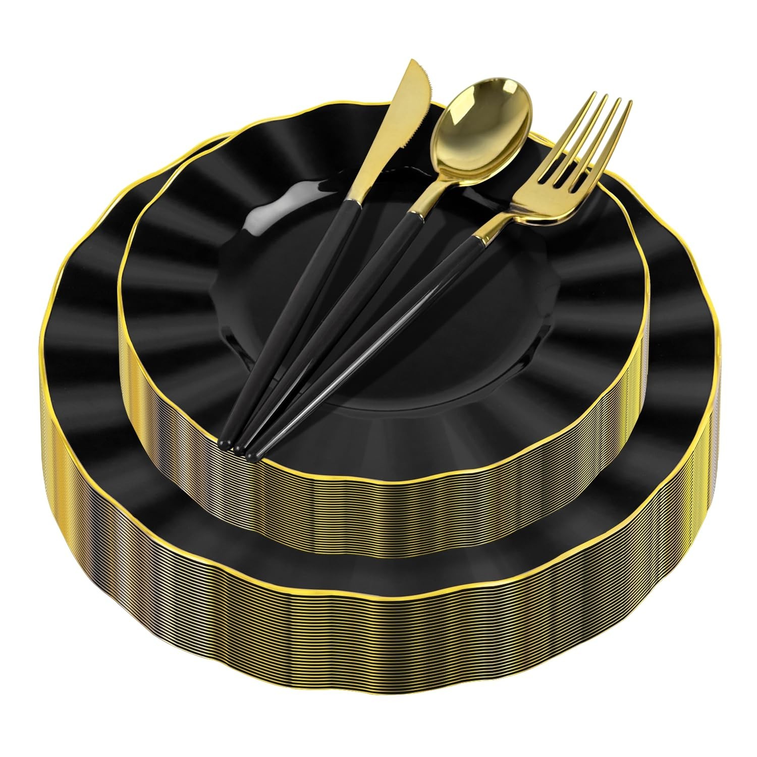 150Pcs Plastic Plates with Gold Rim,Heavy Duty Black Plates for 30 Guests,Pla…
