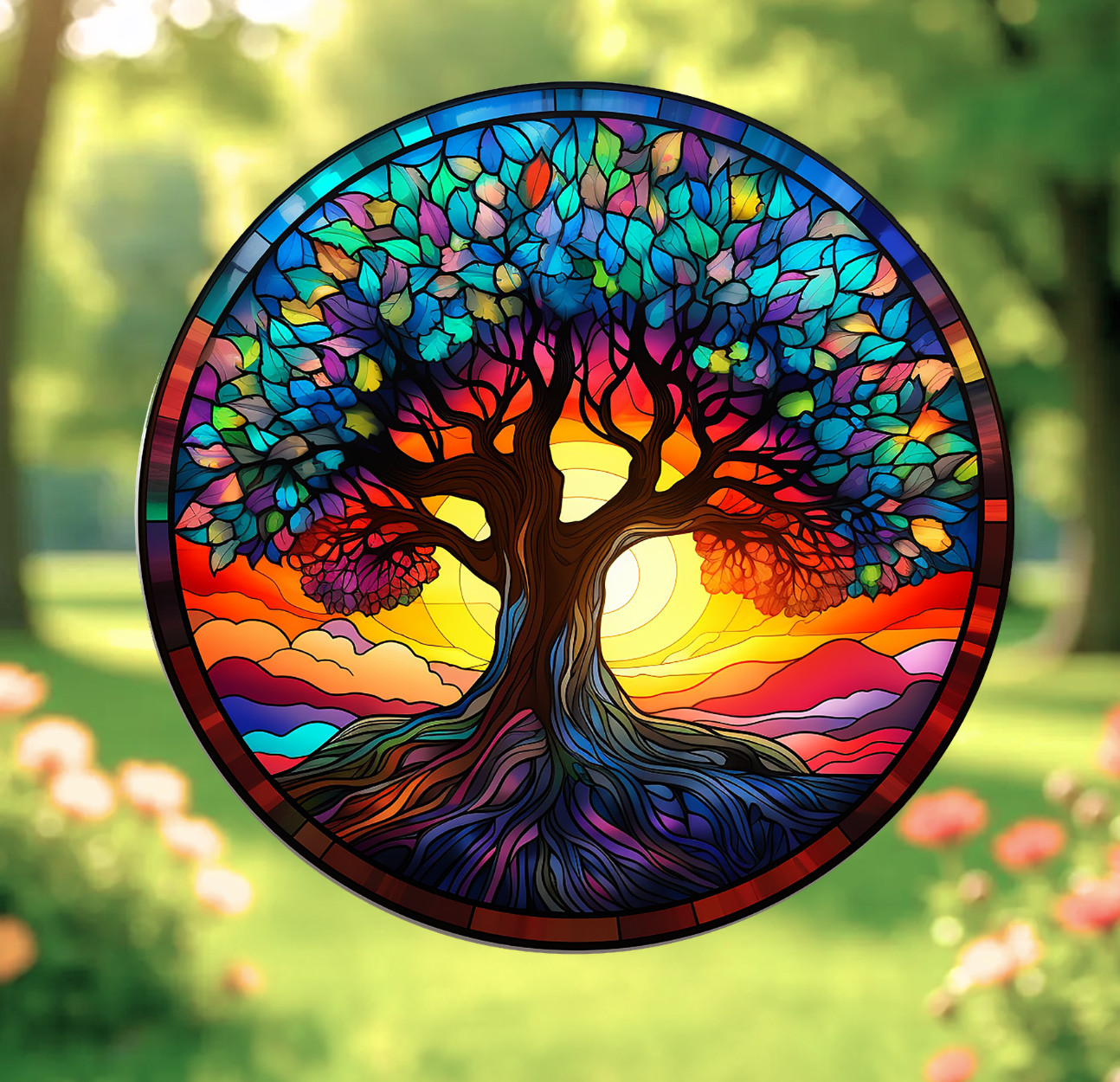 Tree of Life Round Faux Stained-Glass WINDOW CLING Size 8" Round Vinyl