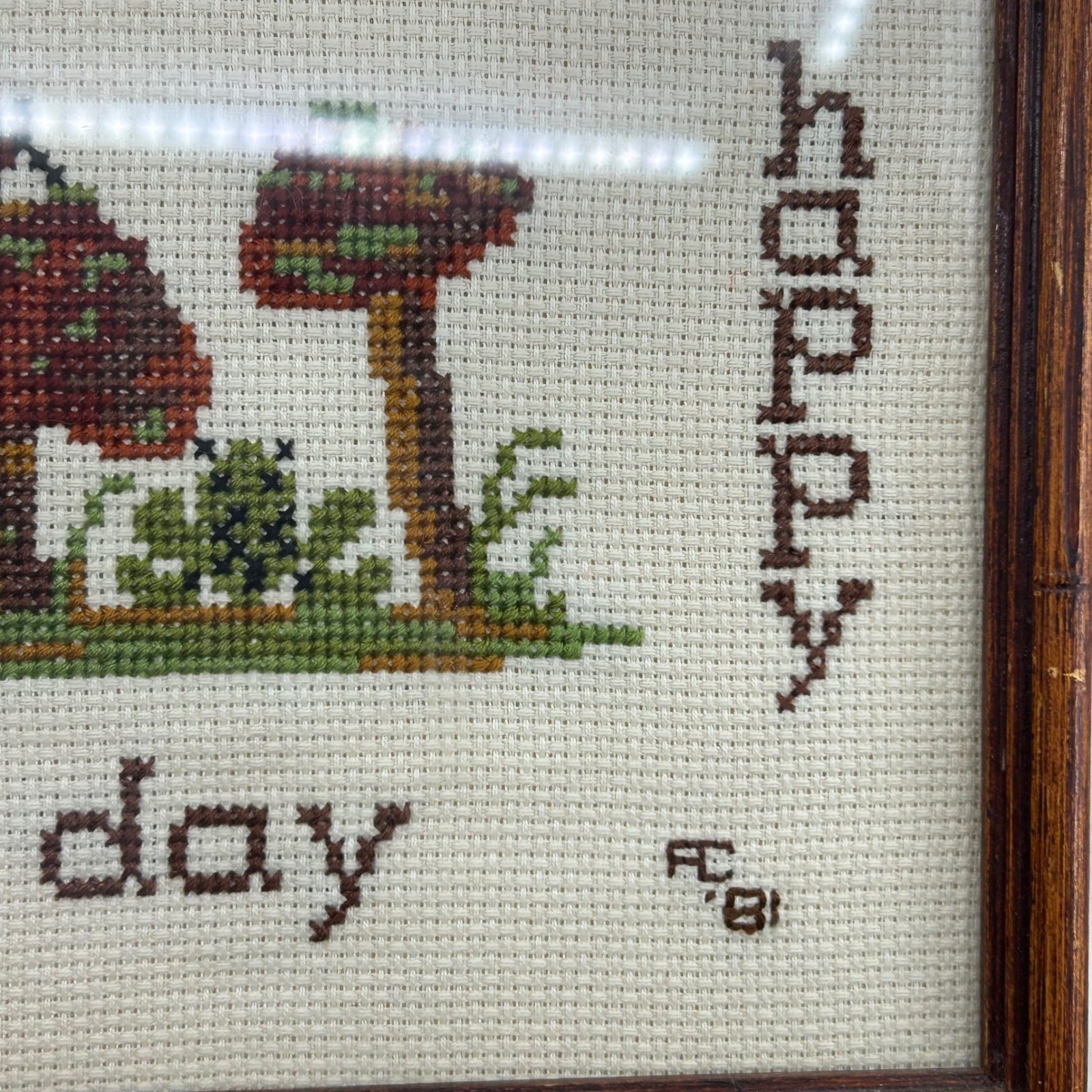 Vintage Cross Stitch Mushroom Pixie Frog Framed Wall Art Cottagecore Whimsical