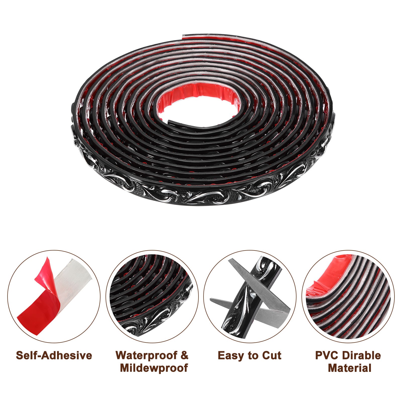 Flexible Wall Trim Molding 16.4Ft x 0.79Inch Adhesive, Wave Black Silver
