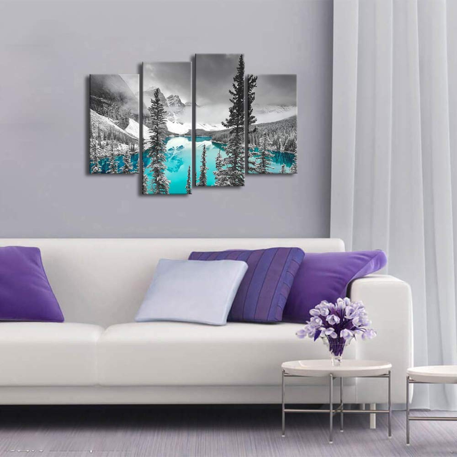 Derkymo 4 Pieces Teal Blue Moraine Lake Wall Art Black and White Canada Rocky…