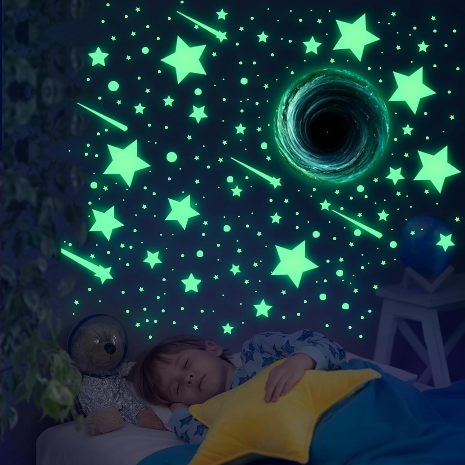 Glow in the Dark Star Space Wall Decals, 4 Sheets, Removable Peel and Stick Deco