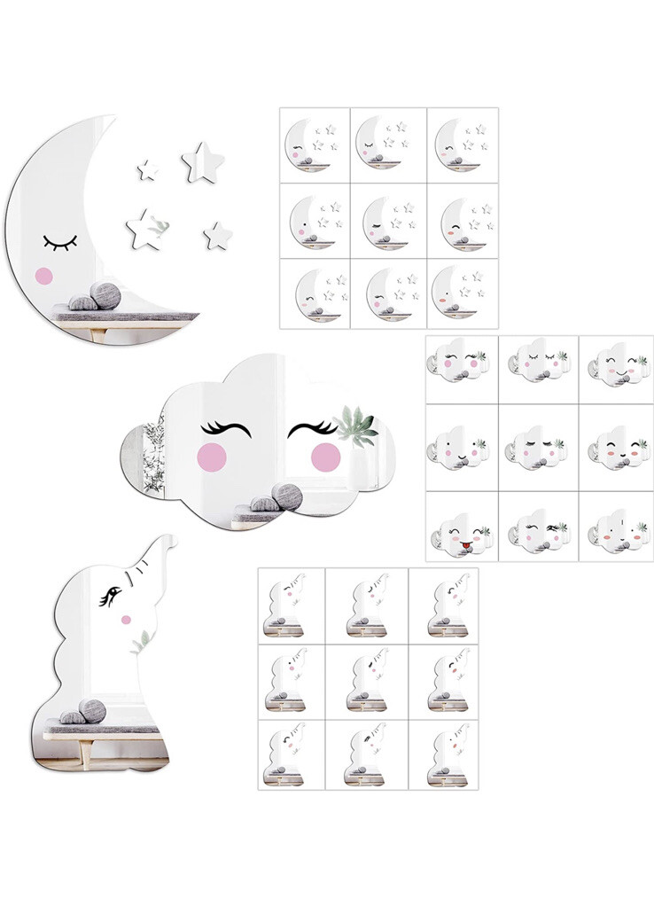 4 Set 3D Acrylic Mirror Wall Stickers , Stars Clouds Butterfly Mirrors Decals