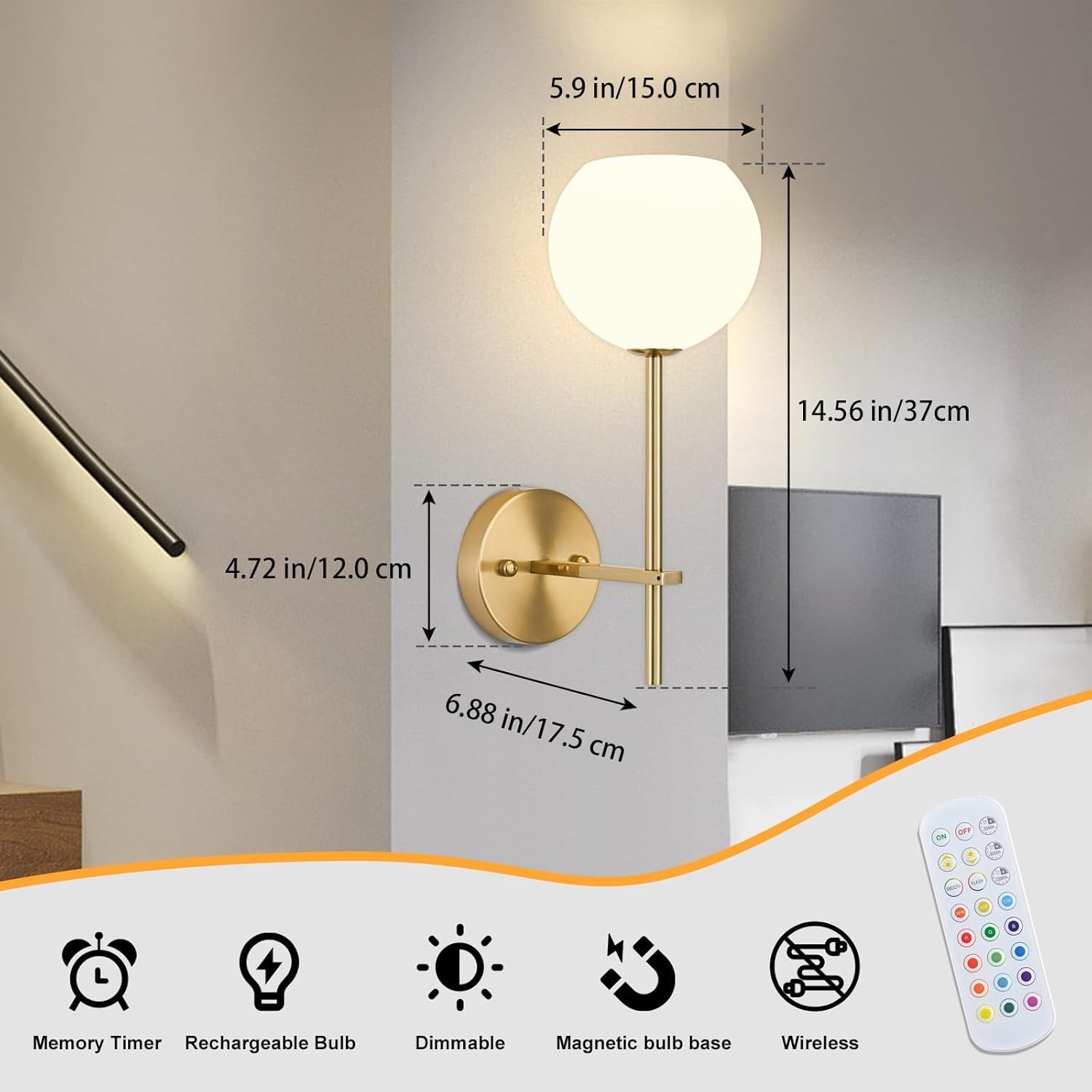 Gold Battery Operated Wall Sconces Set of 2, Rechargeable Wireless Wall Light…