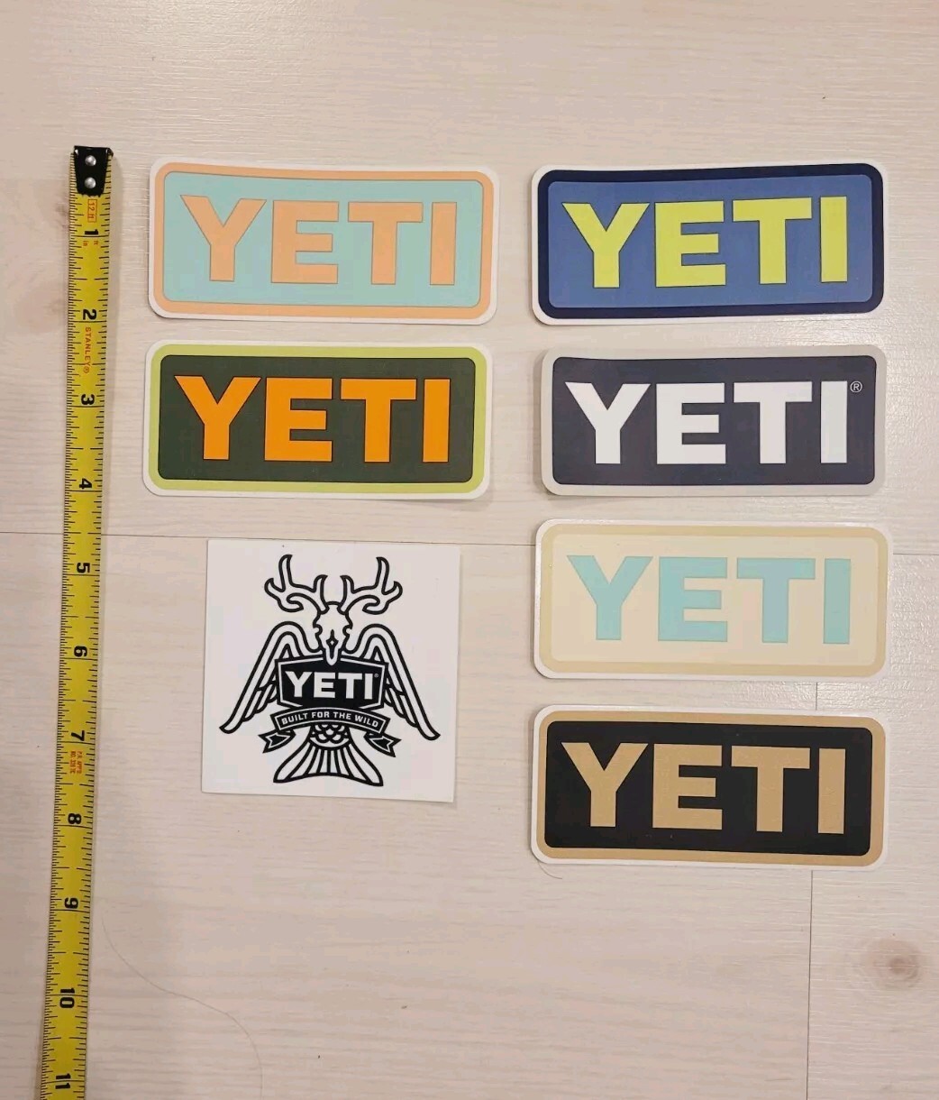 Lot Of 7 YETI Stickers 4in x 2in, 3in x 3in Pink Green Blue Teal Brown Orange