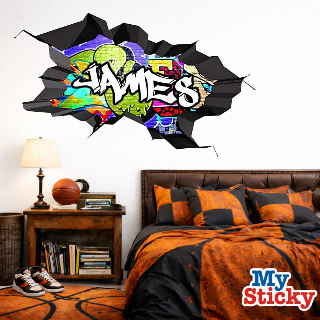 Custom Graffiti Name Wall Decal 3D Breakthrough Gamer Room Street Art Sticker