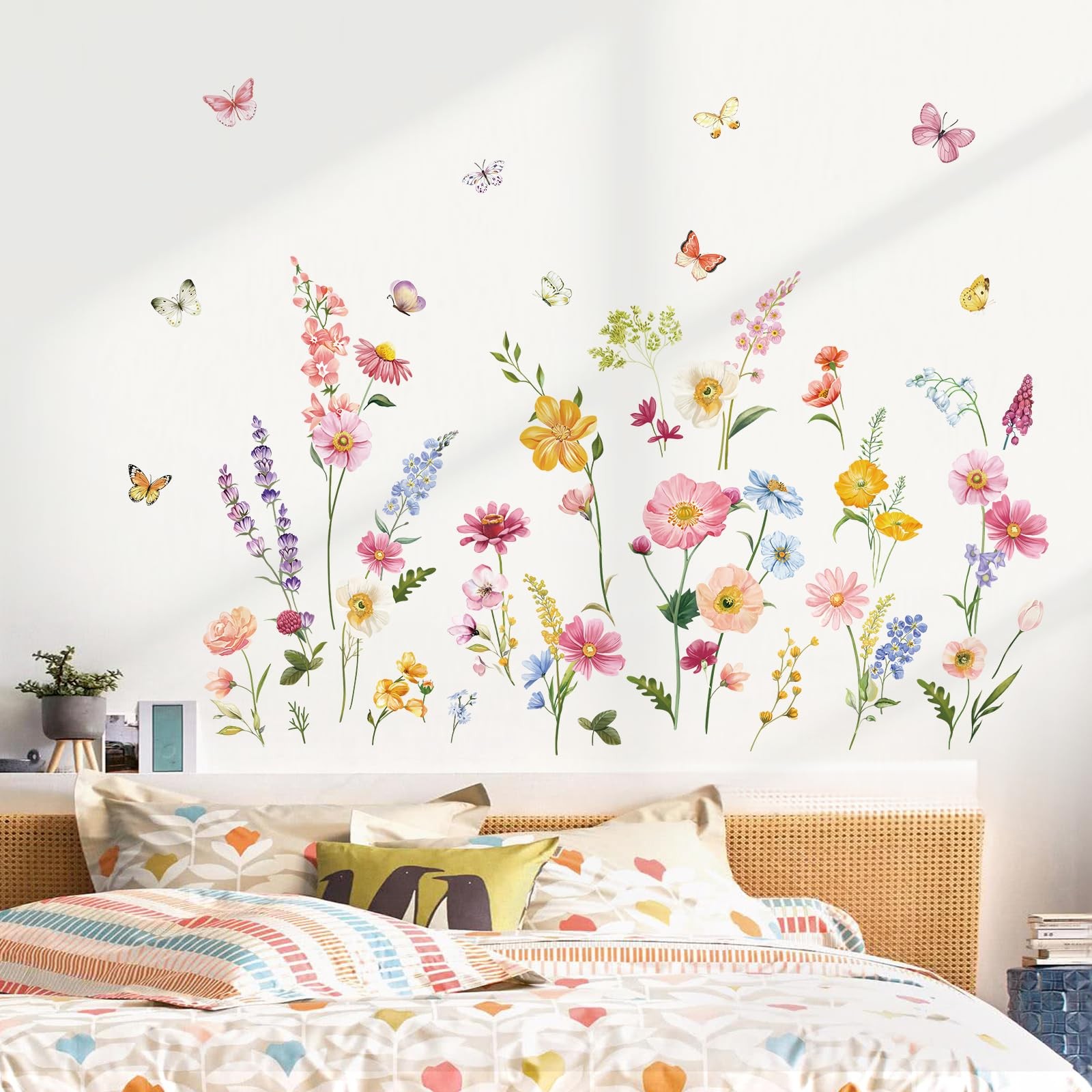 decalmile Flower Wall Decals Daisy Wildflower Grass Butterflies Multi Color