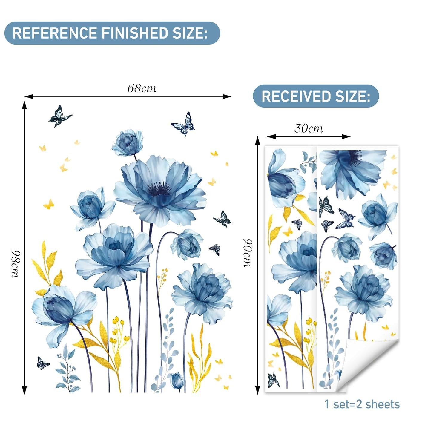 Blue Floral Gold Leaf Wall Decals Stickers for Living Room Bedroom Home Decor