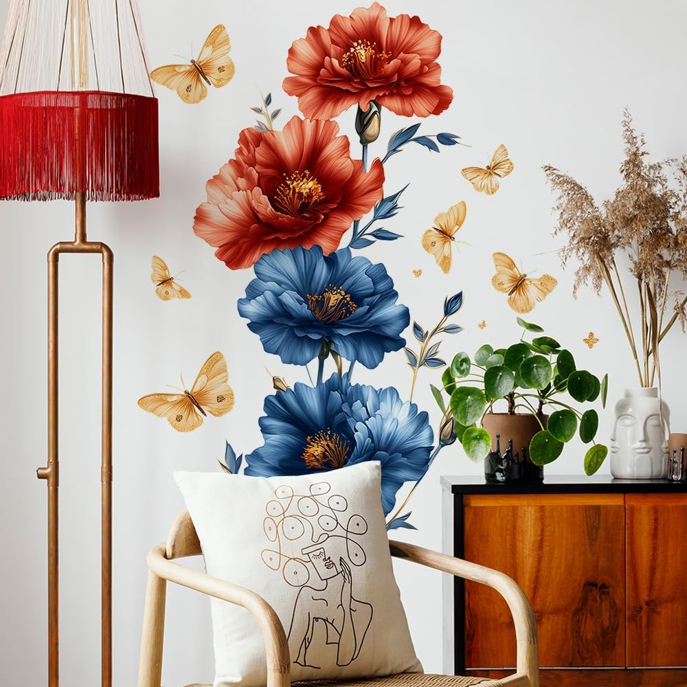 Flower Wall Stickers, Blue Peony & Purple Roses Mural for Room Decor