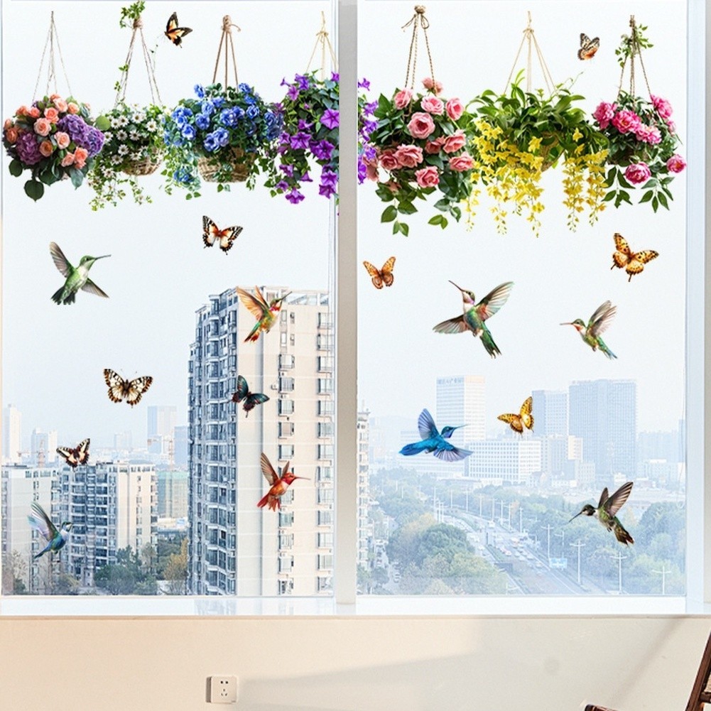 Static Cling Window Decals Floral Basket Birds Butterfly Pattern PVC Sticker