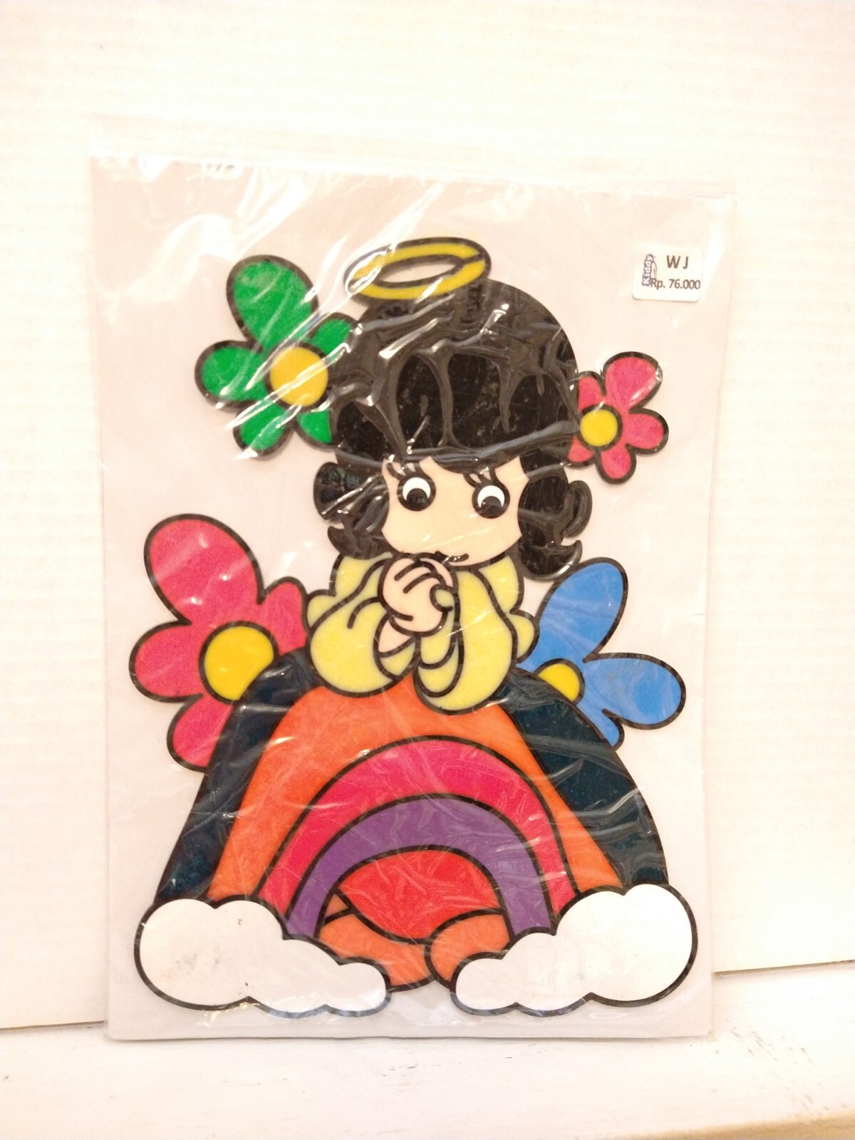 VINTAGE Decal From India Little Girl Angel on a Rainbow Stained Glass Effect 10"