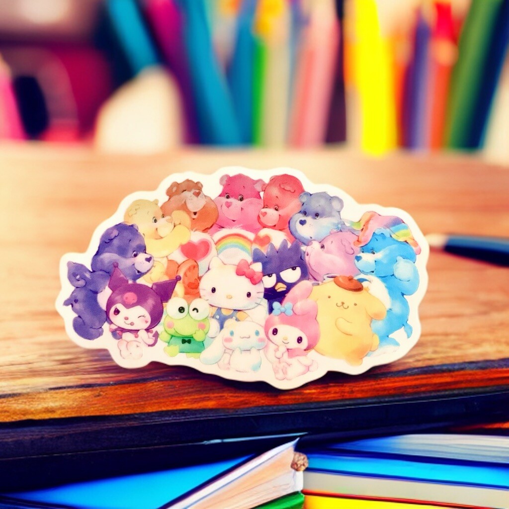 Care Bears x Sanrio Collab Sticker Decal, 3.5” Clear Glossy Hello Kitty Kuromi