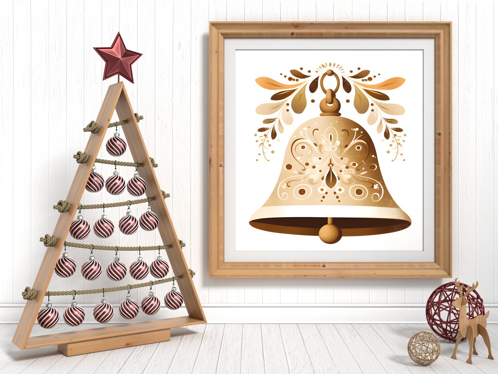 Neutral Christmas Folk Art Bell UV DTF Sticker Transparent Decal