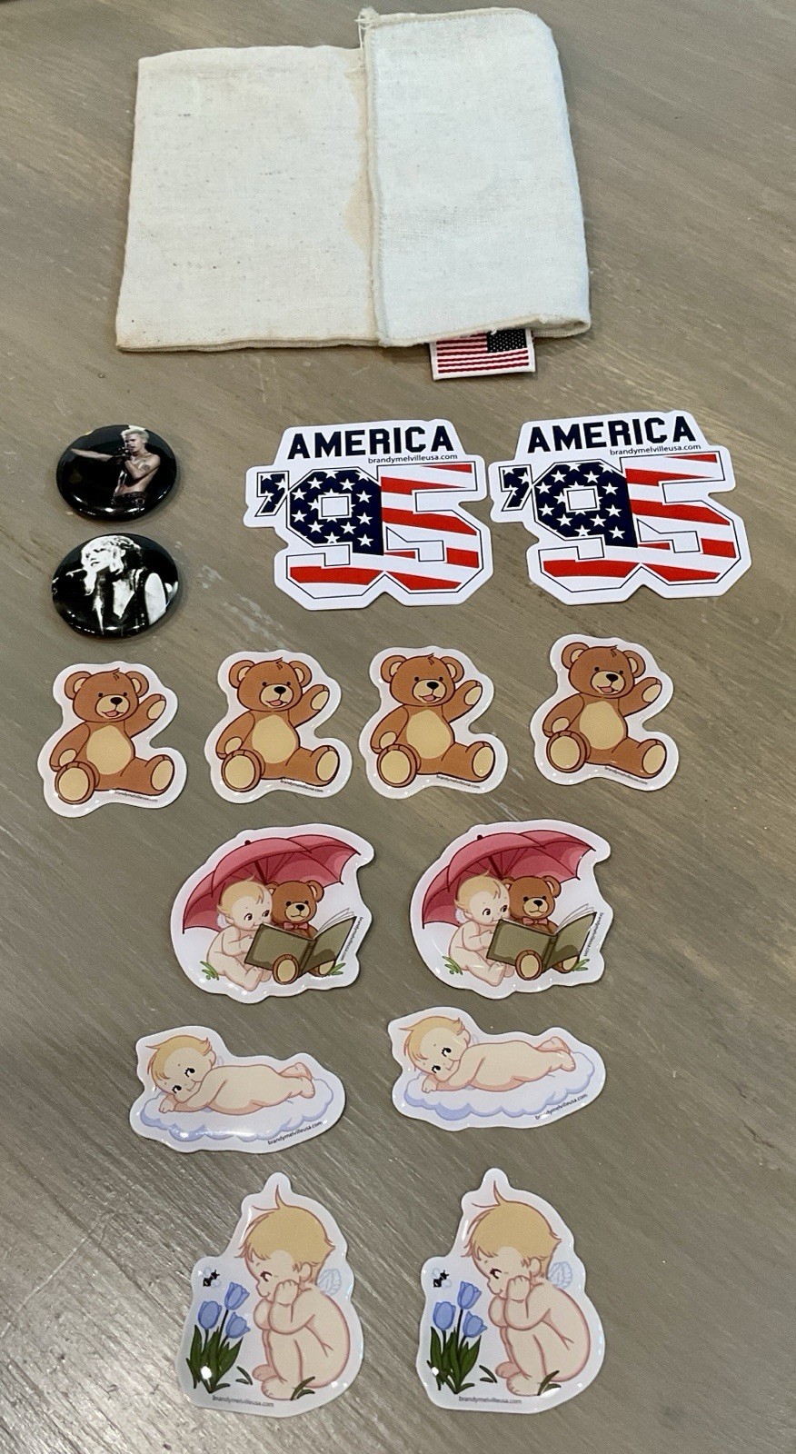 Brandy Melville USA Cherub Baby/Bear Bubble~America Sticker Lot~2 Pins~Pouch NEW