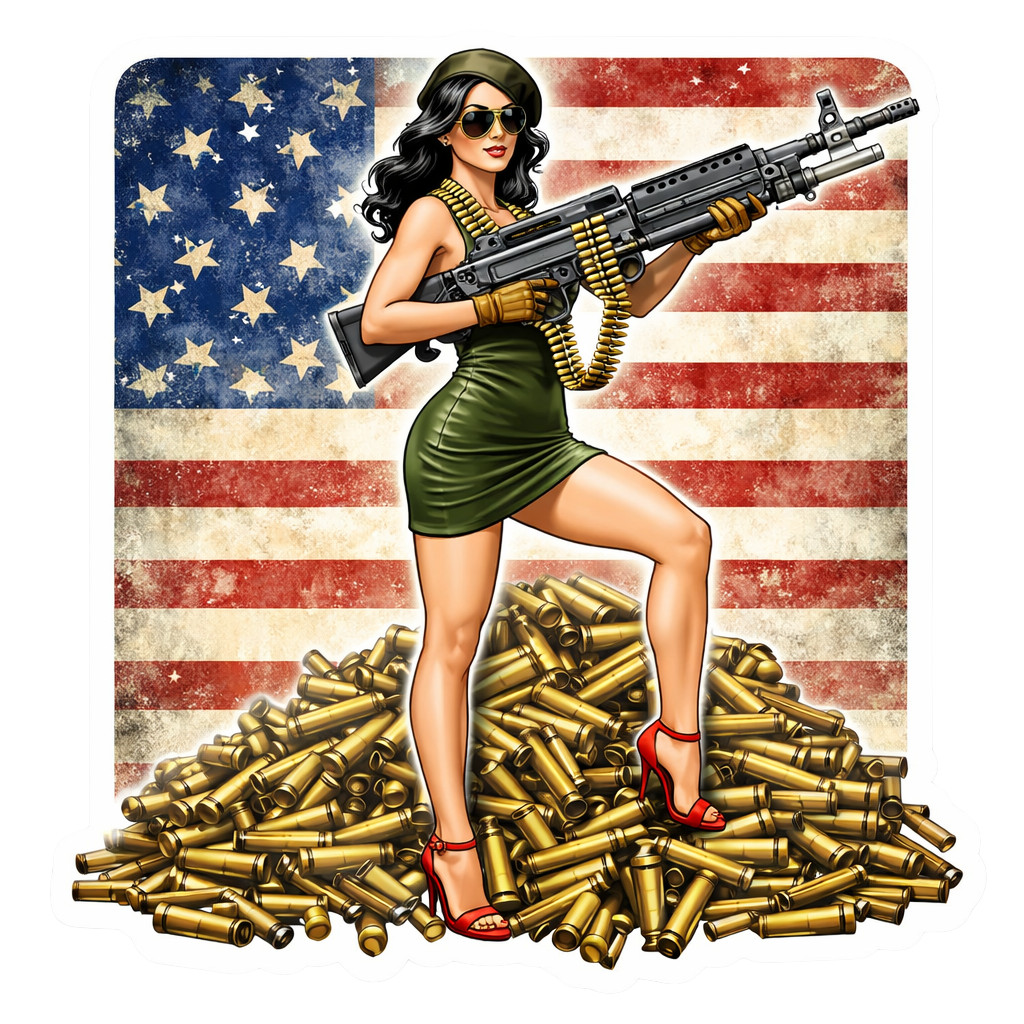 WWII Pin-Up Machine Gun Girl Vinyl Sticker 3.5 Inch Waterproof USA