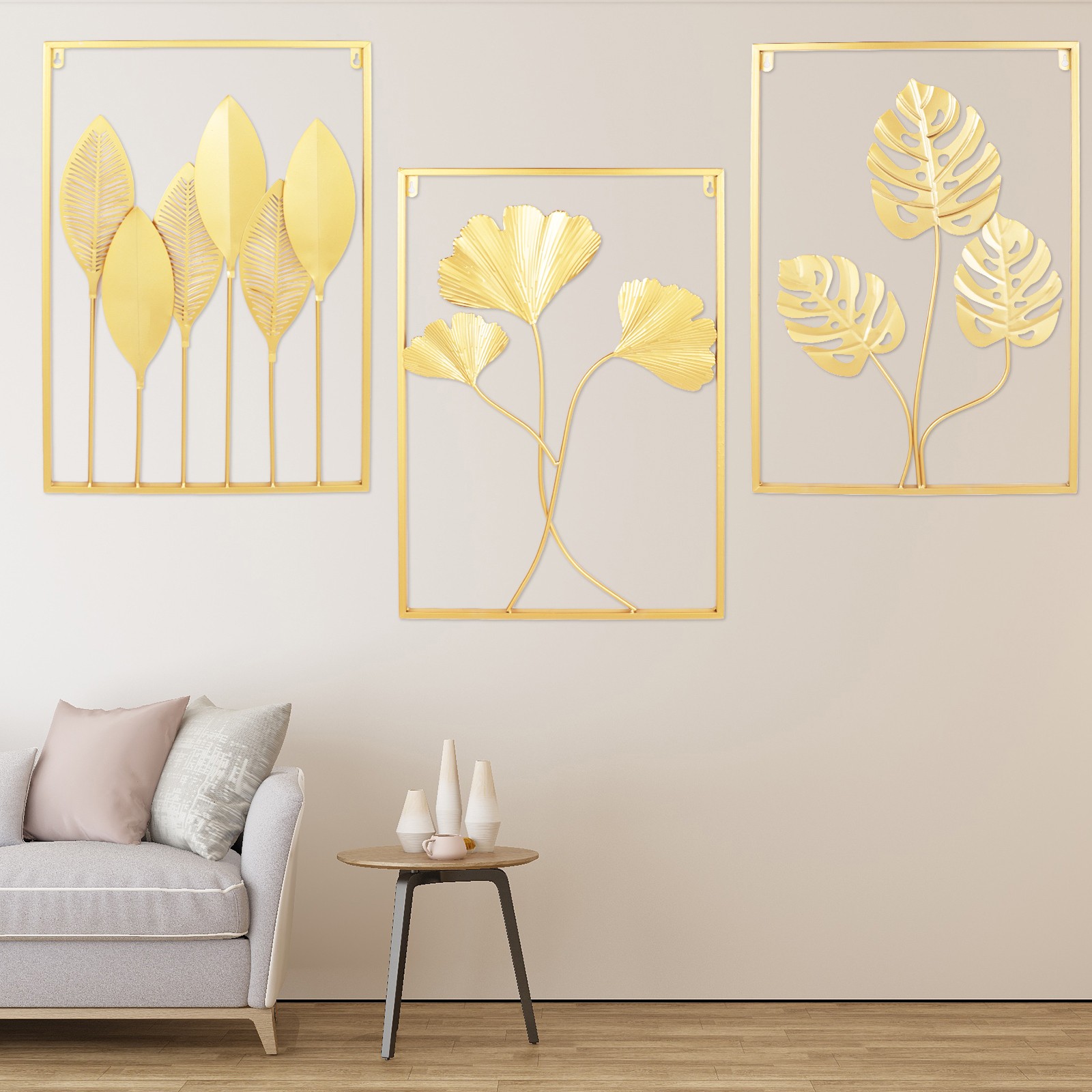 Metal Wall Art for Living Room, Large Leaf Frame Accent Leaves Wall Decor Home