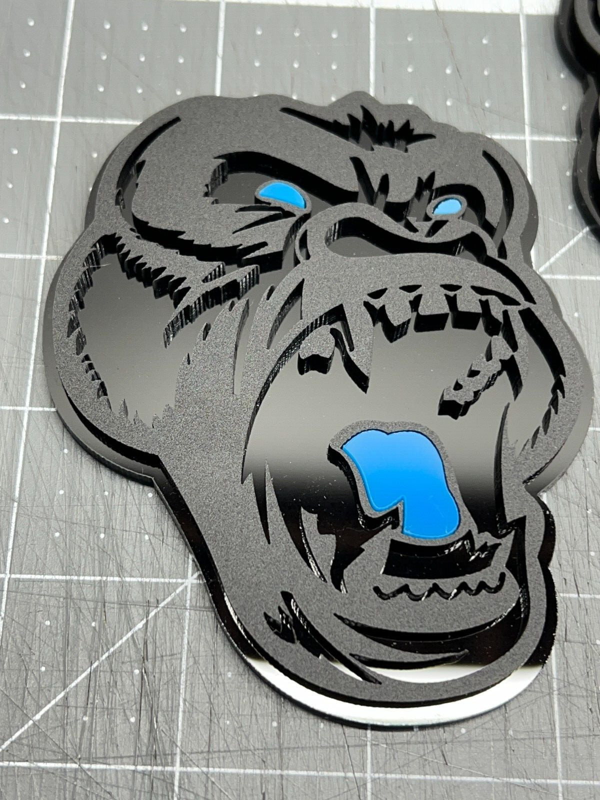Angry Gorilla L-Blue Eye Car Truck Emblem Badge Matte Black Black Custom PK of 2