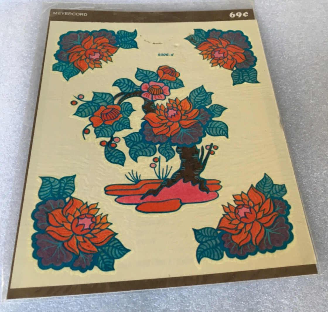 NOS 1970’s Meyercord bonsai Tree color water decal Flowers Red Pink Dahlia