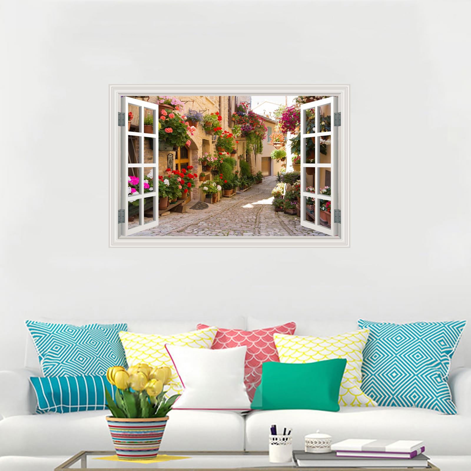 Fake Window Wall Decals Sping Italy Rose Alley Landscape Wall Art Faux Window…
