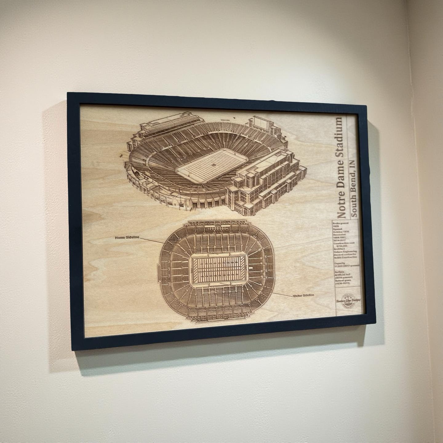 Notre Dame Stadium Blueprint Engraved Wood Wall Decor Laser Engraved