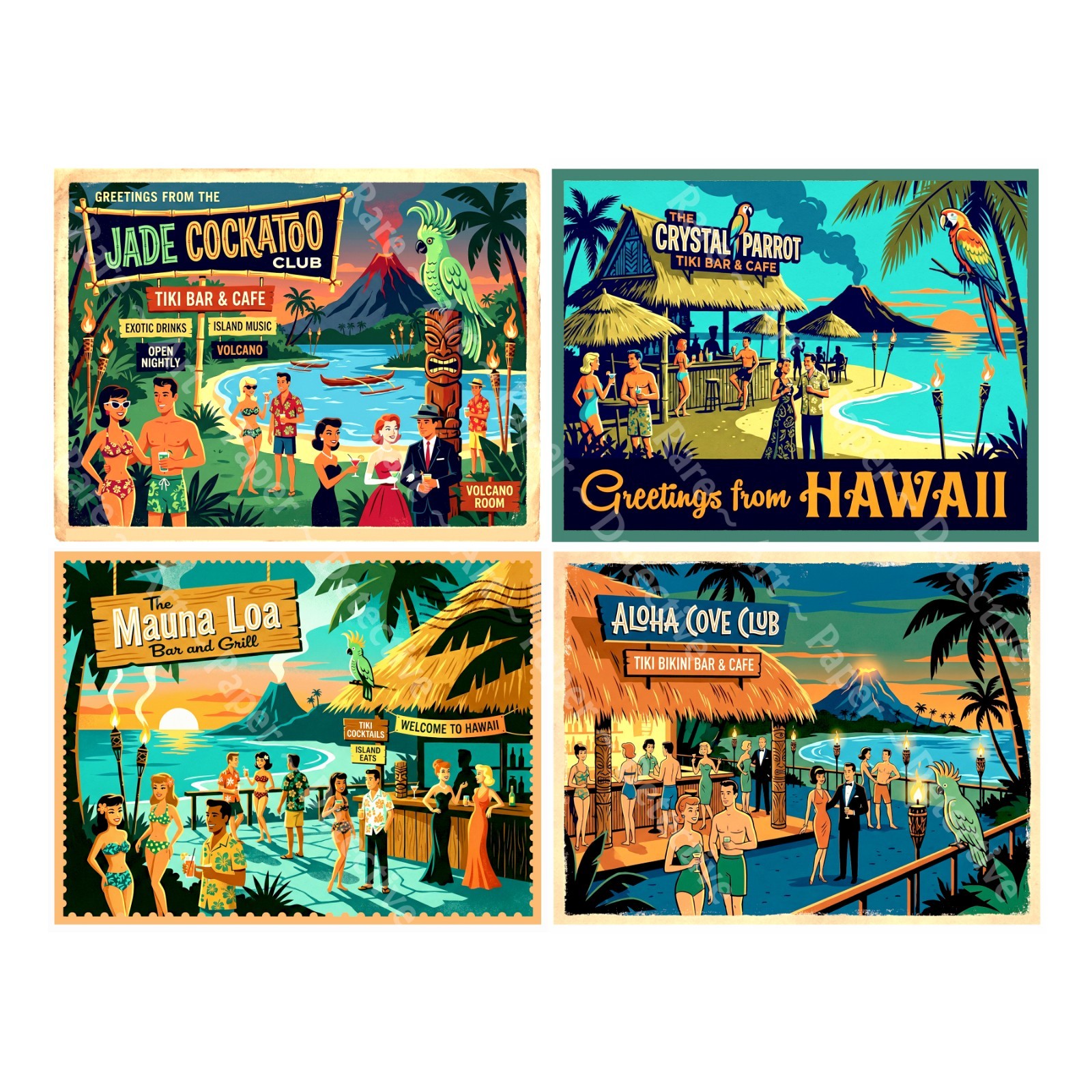 Hawaii Tropical Tiki Bar Stickers, Mid-Century Modern, 16 Big Labels on 4 Sheets