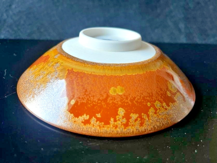 Baba Shinemon Japanese Crystal Glaze Tea Bowl Gold Orange Chawan Signed
