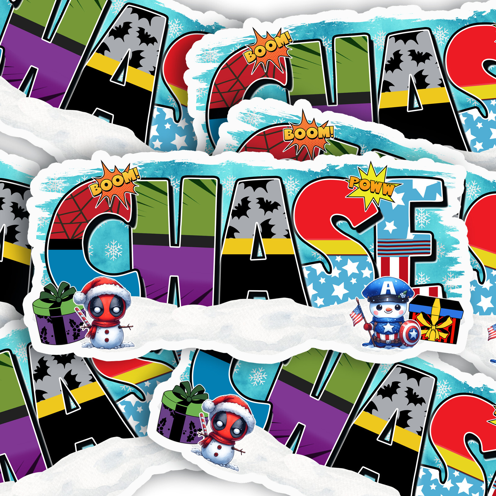 Custom Name Sticker · Personalized Vinyl Decal · Superhero Theme · Christmas