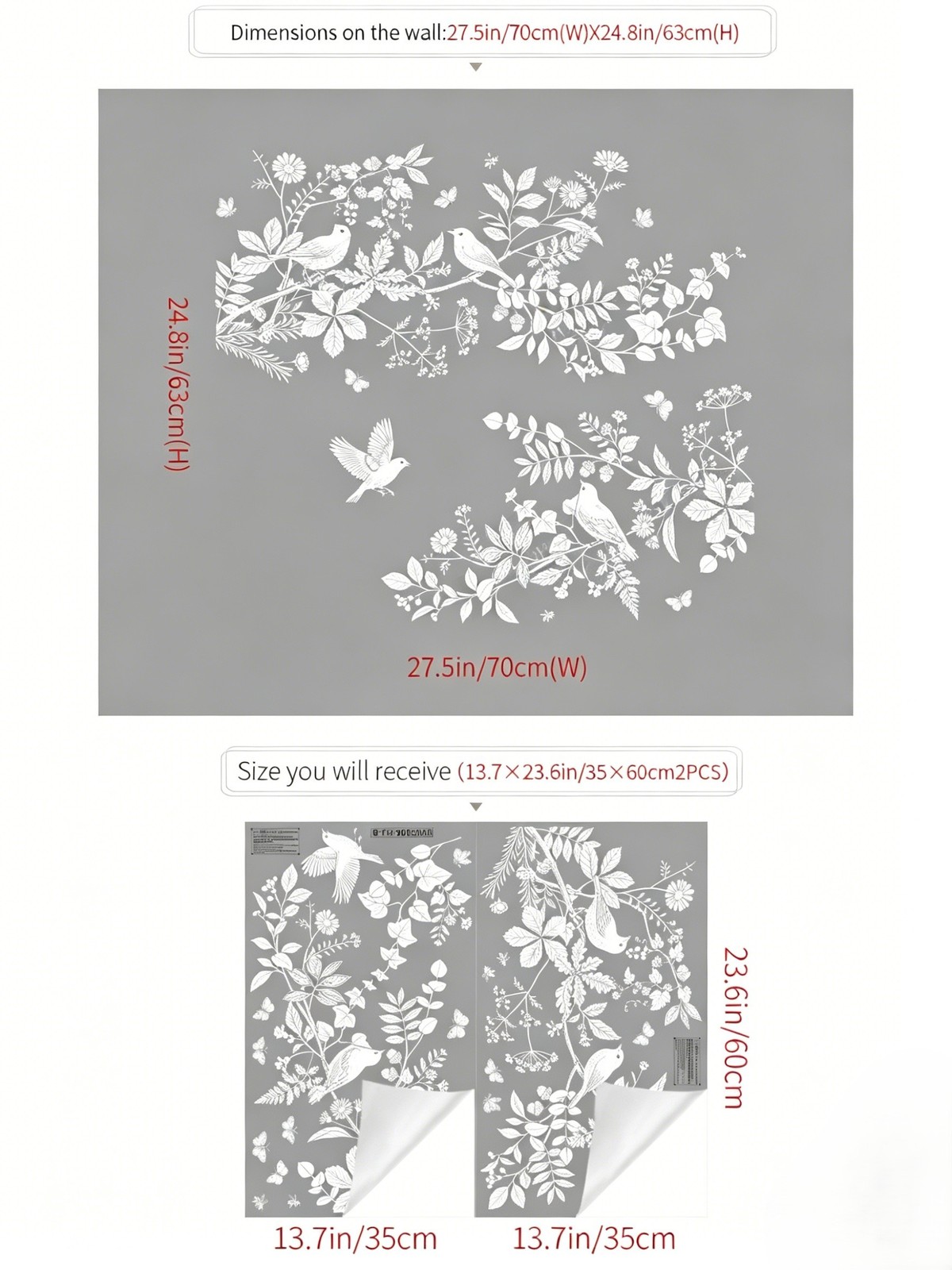 Floral Bird Leaf Themed Double Sided Static Cling Sticker White PVC Material