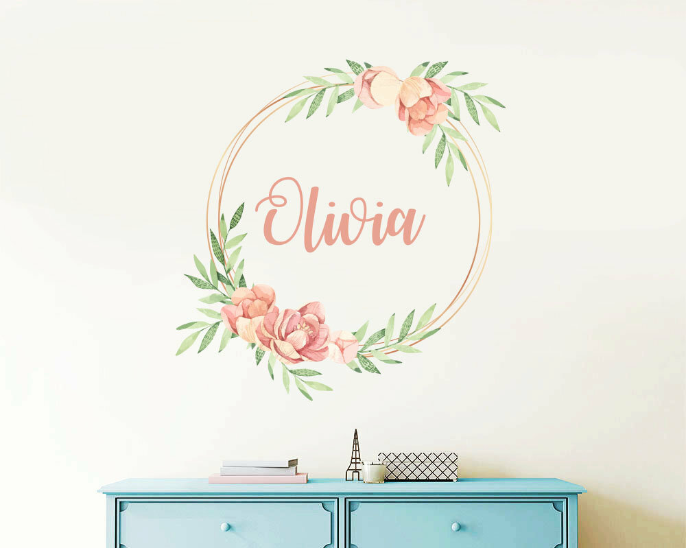 Custom Name Wall Decals/ Frame with Flowers Decals/ Flower Decals/ Nursery ga154