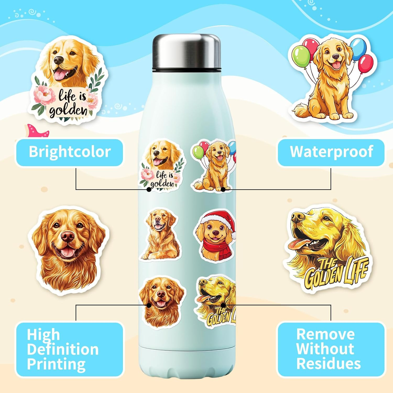 50PCS Cute Golden Retriever Stickers – Kawaii Dog Vinyl for Water Bottles & Scra