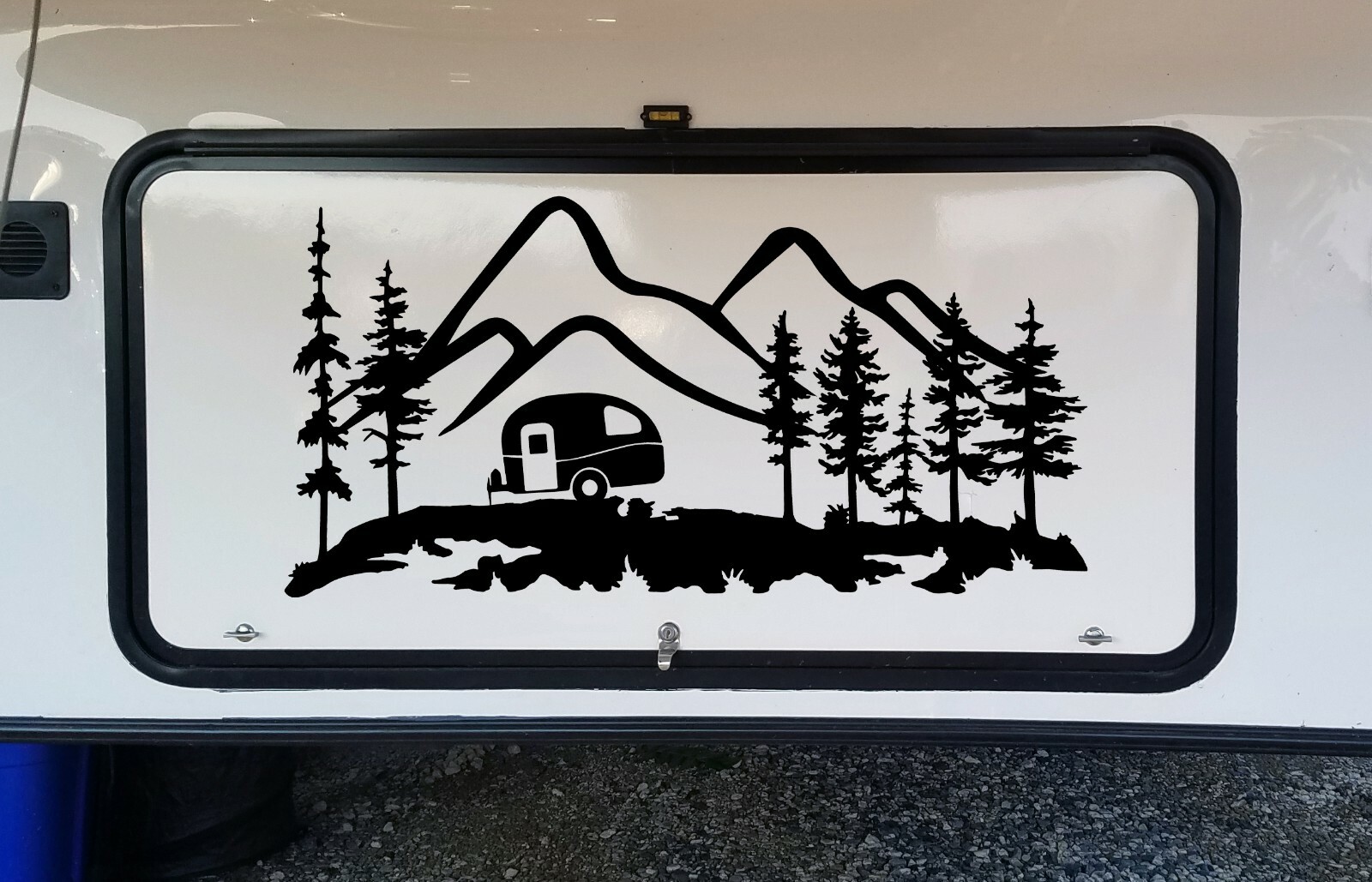 Mountain Travel Trailer Scene V2 Vinyl Decal | Camping Forest | Die Cut Sticker