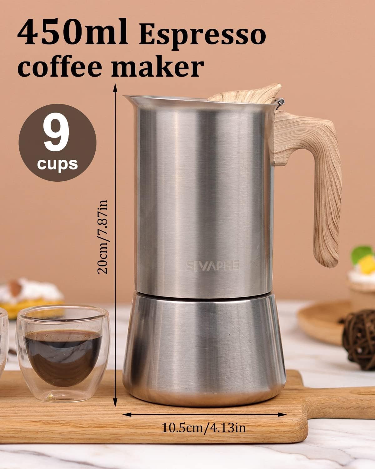 Stovetop Espresso Maker Stainless Steel 9 Cups, Induction-Capable Mocha Pot 4…
