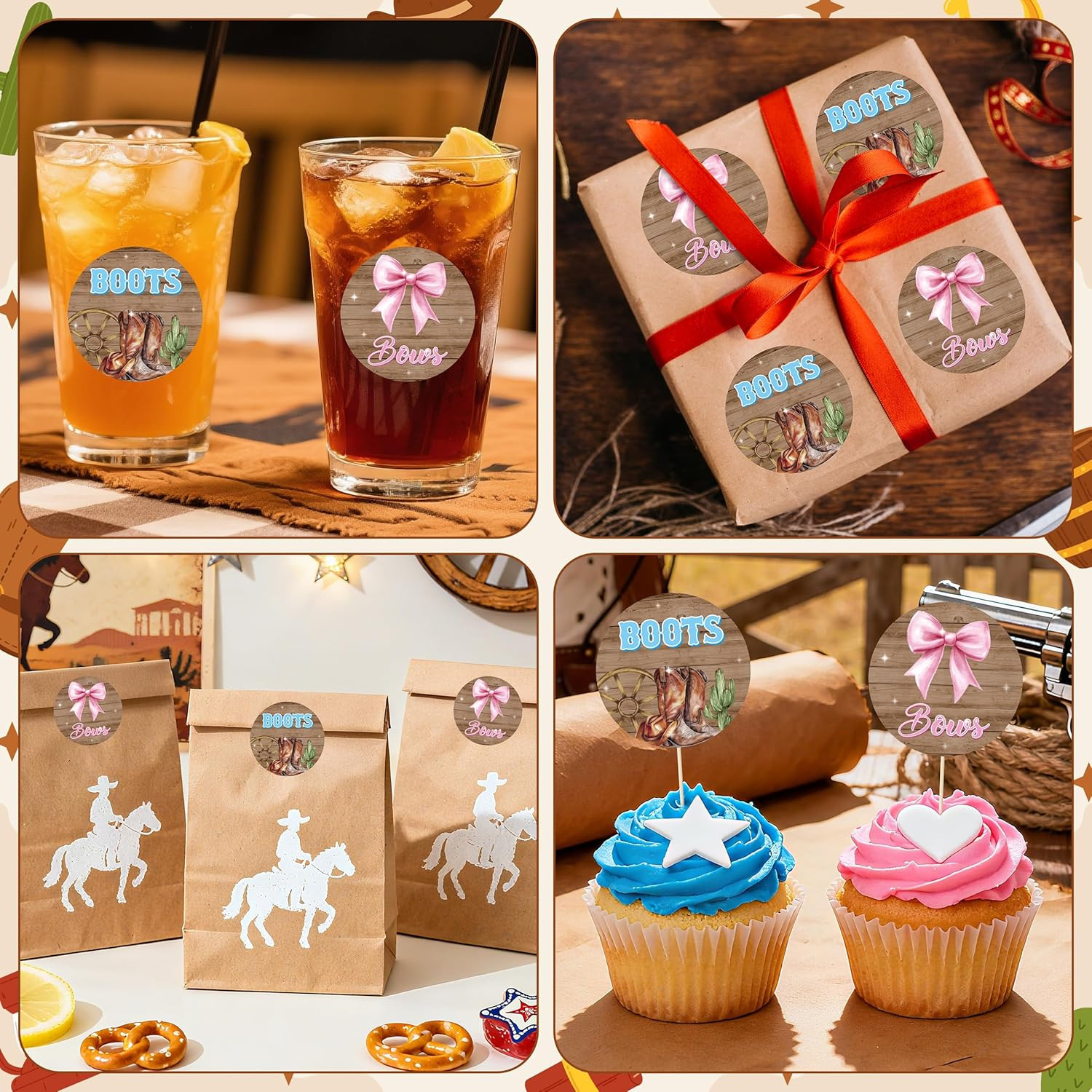500Pcs Pink or Blue Gender Reveal Stickers – 2 Inch Cowboy Boots Bow Labels